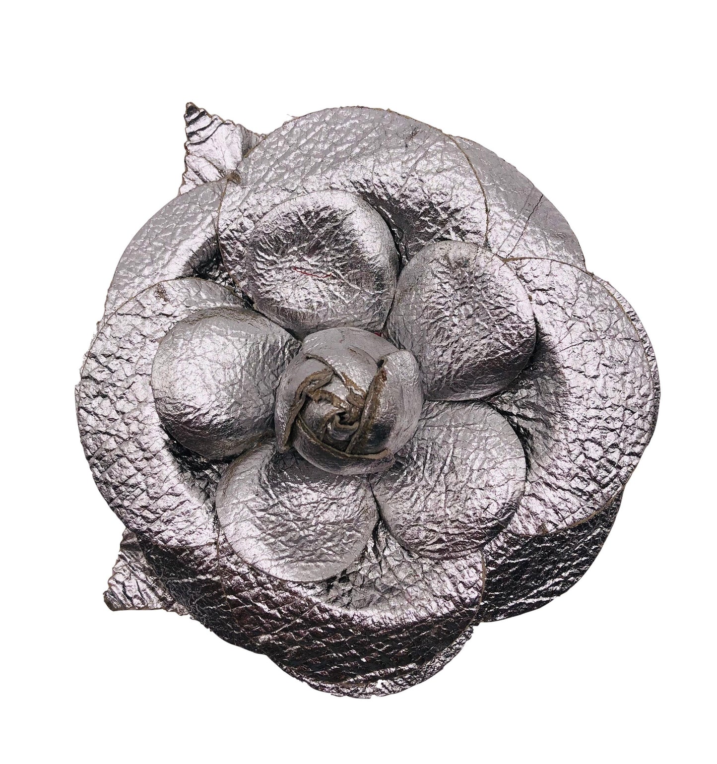 Karin's Garden 4 1/2" Metallic Leather Camellia Pin Brooch Clip.  Handmade in the USA.