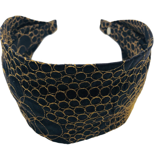 Black Gold Grecian Silk Embroidered Scarf Headband.  Karin's Garden 2.5-3"  Handmade in the USA