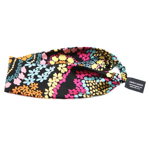 Silk Charmeuse Headwrap, Retro Floral, Fits most, comfortable. Karin's Garden 2 1/2"- 3"