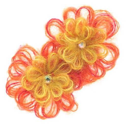 Mohair Flower Orange Yellow with Crystals Brooch & Clip. Handmade in the USA. Karin's Garden 4 1/2 long by 2 1/2 width