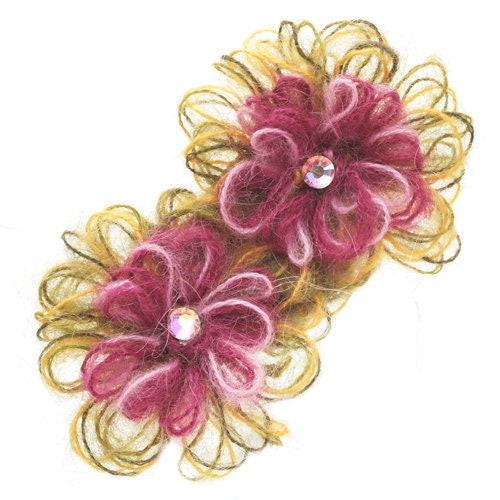 Mohair Flower Olive Pink with Crystals Brooch & Clip. Handmade in the USA. Karin's Garden 4 1/2 long by 2 1/2 width