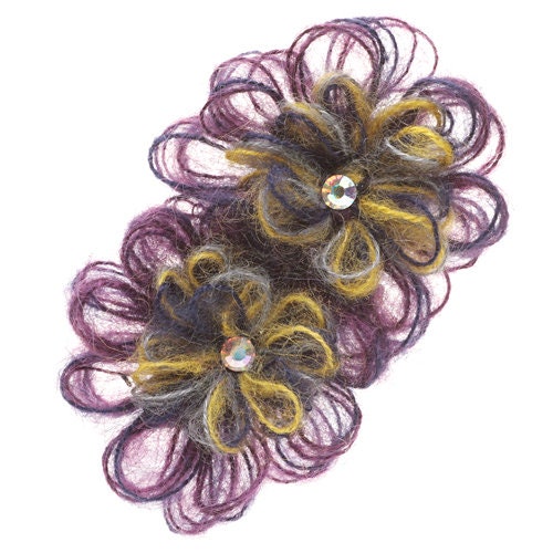 Mohair Flower Purple Olive with Crystals Brooch & Clip. Handmade in the USA. Karin's Garden 4 1/2 long by 2 1/2 width