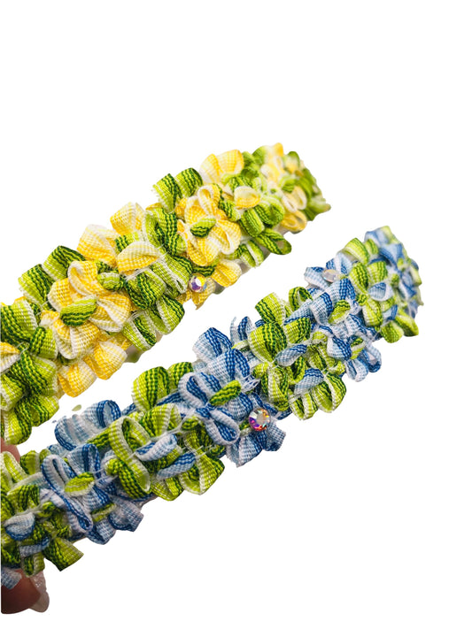 Silk Vine in Blue and Yellow with Crystals Headband.  Karin's Garden 3/8" Handmade in the USA.