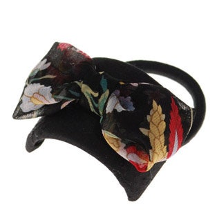 Black Hair Elastic Silk Dupioni and Silk Chiffon Bow.  Karin's Garden 2 1/2" Handmade in the USA