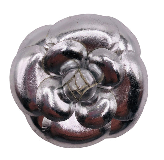 Karin's Garden 3 1/4" Metallic Leather Silver Camellia Pin Brooch Clip.  Handmade in the USA.  Genuine Leather
