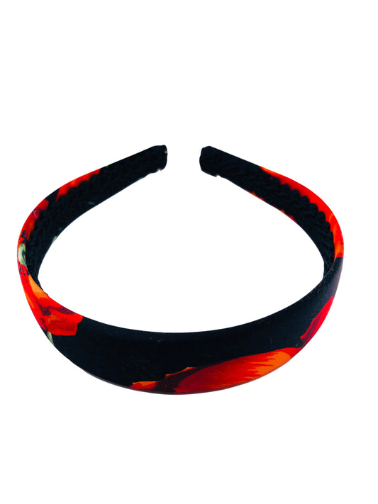 Karin's Garden 1" Poppies Black Red Silk Headband.  Handmade in the USA