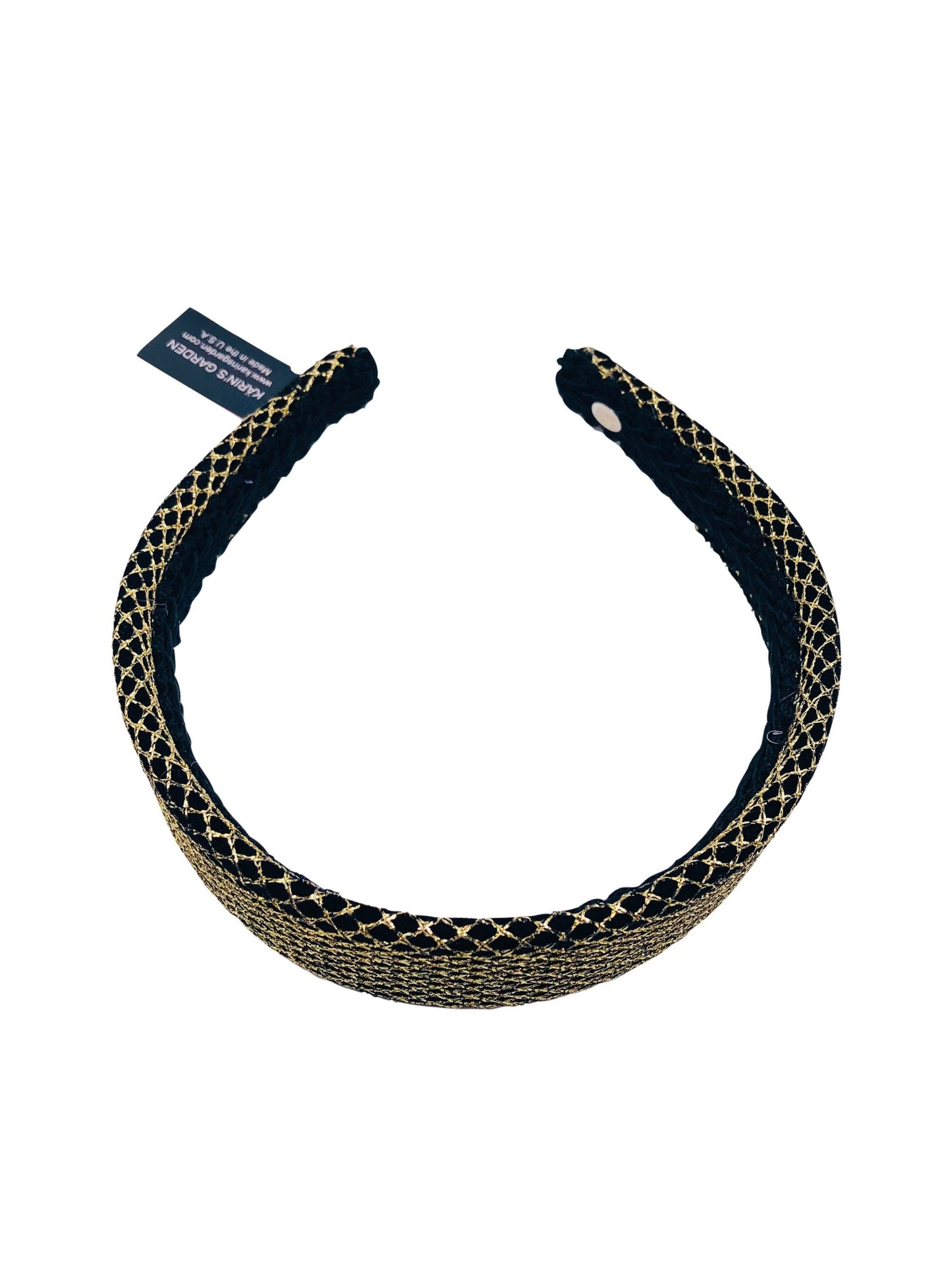 Karin's Garden 1.5" Metallic Mesh Headband.  Handmade in the USA.  In gold or silver over black velvet