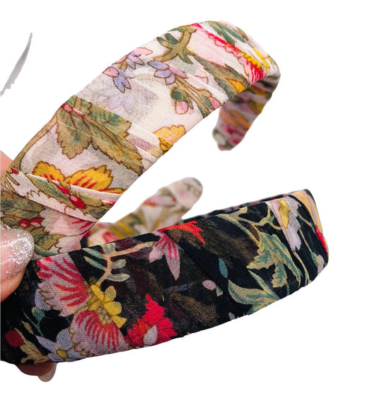 Karin's Garden 1" Silk Chiffon Floral Headband.  Handmade in the USA.  In white floral or black floral
